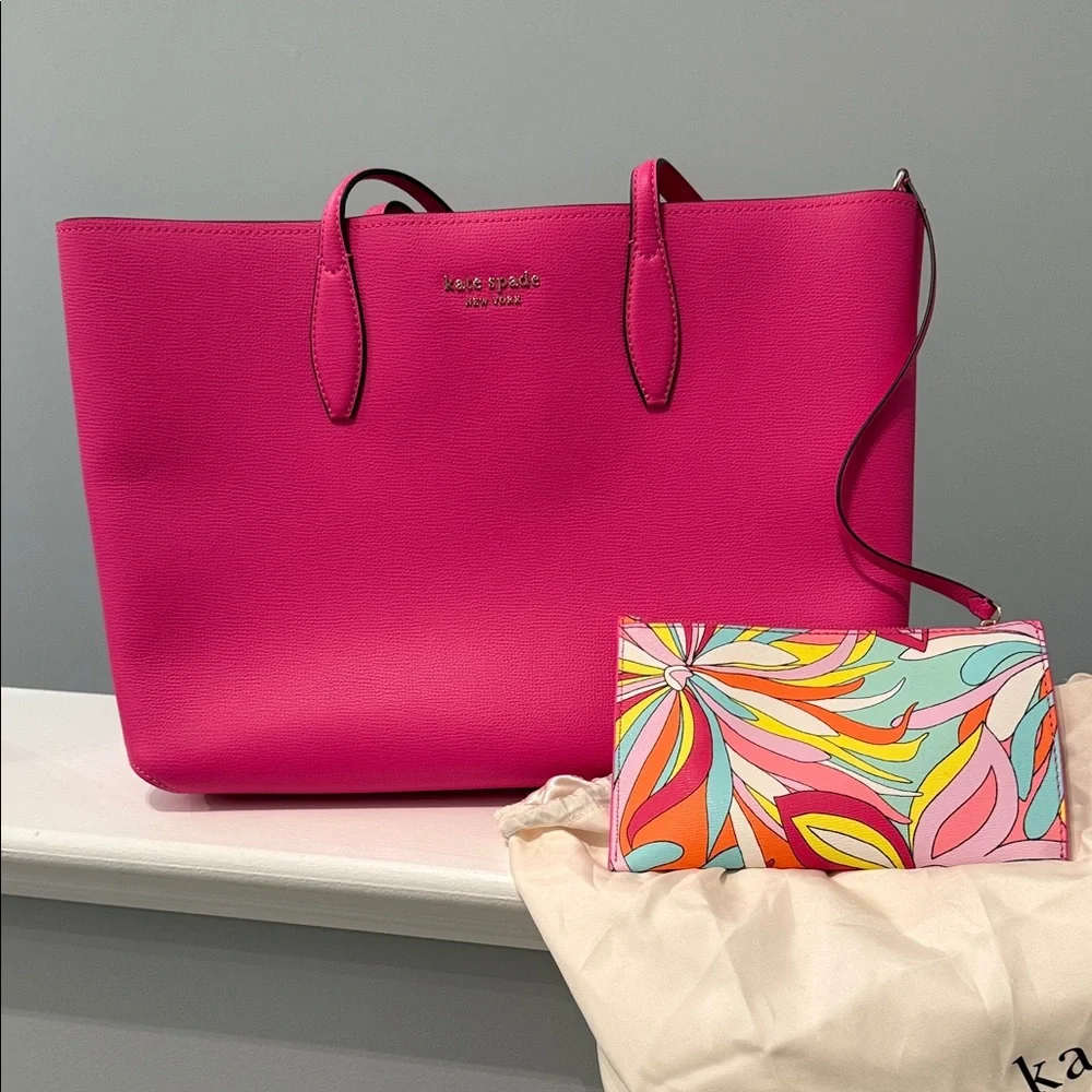kate spade Hot Pink Leather Tote with Colorful Printed Wristlet - Picture 1 of 2